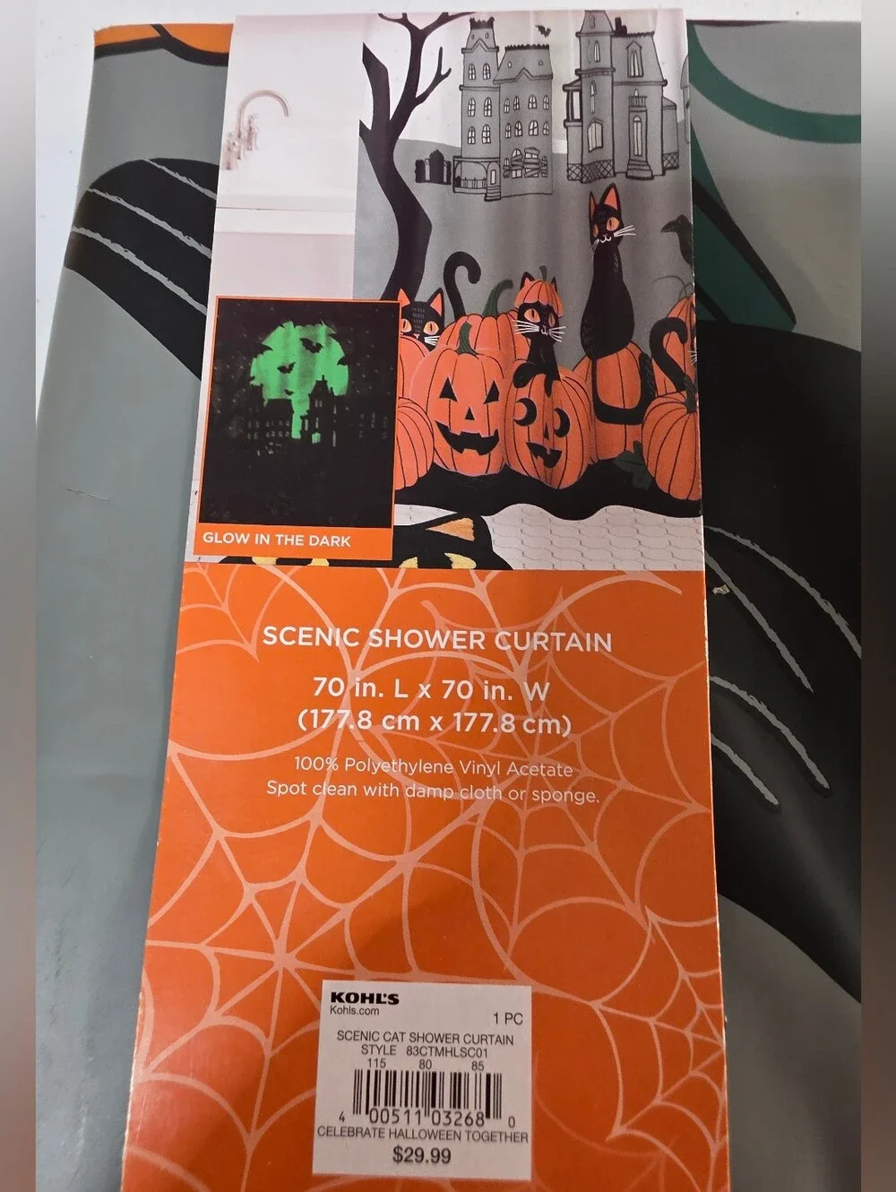 Celebrate Halloween Together Orange Black Scenic Cat Shower Curtain Glow In Dark